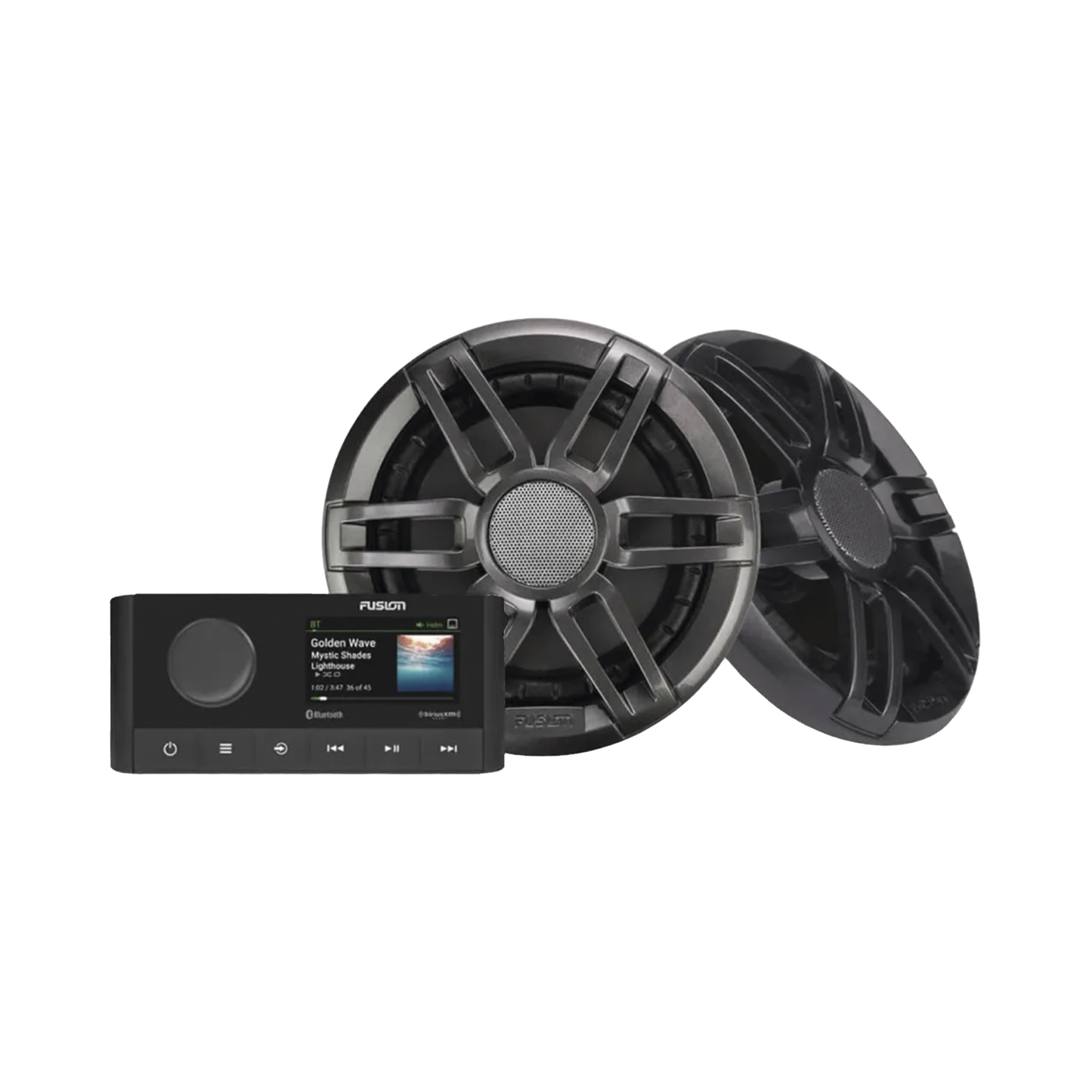 Sistema de estero marino MS-RA210 con dos bocinas de diseño deportivo XS incluidas.