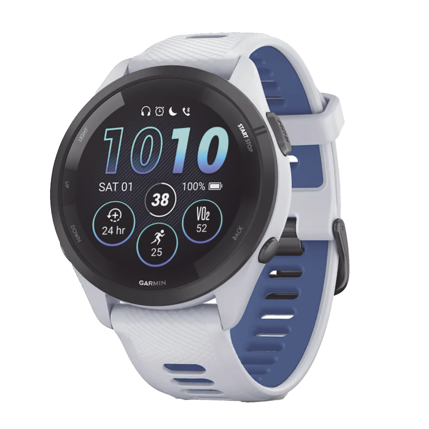 Forerunner® 265, Bisel negro con carcasa en blanco y correa de silicona en blanco/azul