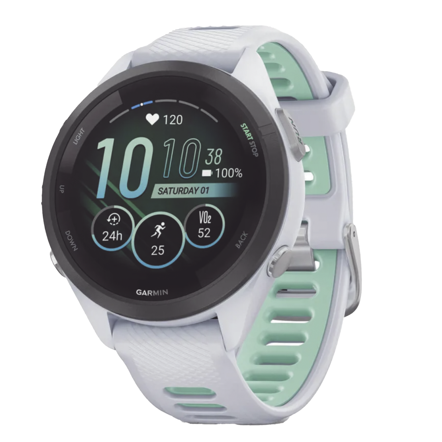 Forerunner® 265S, Bisel negro con carcasa en blanco y correa de silicona en blanco/verde