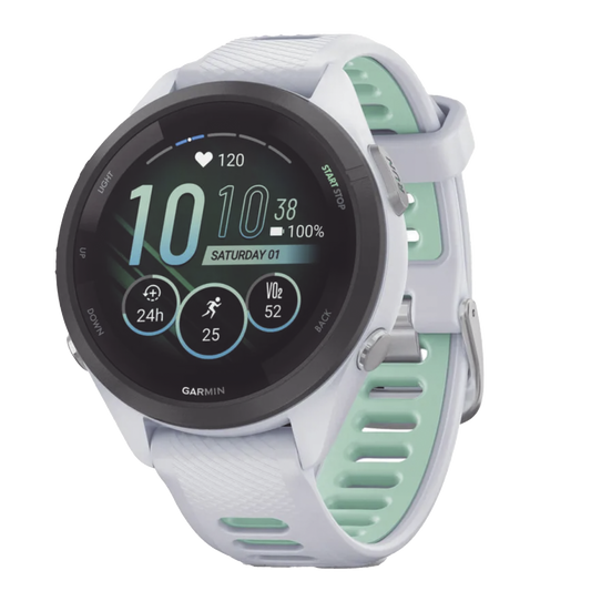 Forerunner® 265S, Bisel negro con carcasa en blanco y correa de silicona en blanco/verde