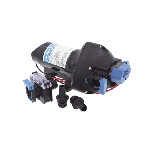 Bomba controlada por presión Par Max a 12 Vcd, caudal de 2 GPM, presión máxima 35 psi, para manguera de entrada con orificio de 38 mm (1½”), manguera de descarga con orificio de 25 mm (1”)