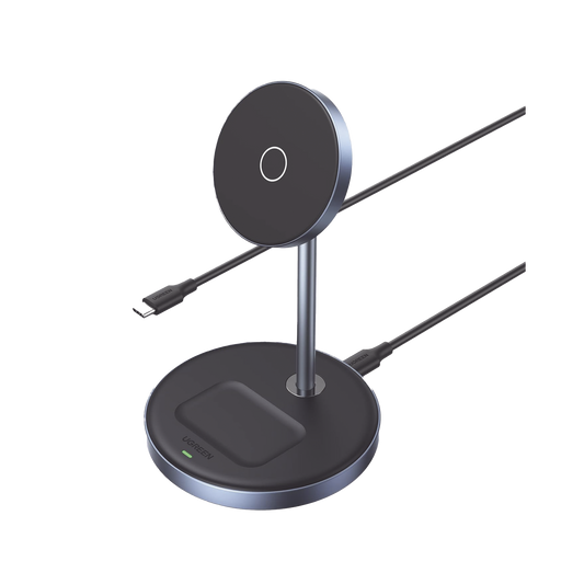 Soporte de Carga Inalámbrica | 3 en 1 | Compatible con MagSafe | Perfecto para iPhone y AirPods | Carga Rápida Adaptativa /Simultanea | Múltiples Protecciones | Luz Indicadora LED | Aleación de Aluminio | Incluye Cable