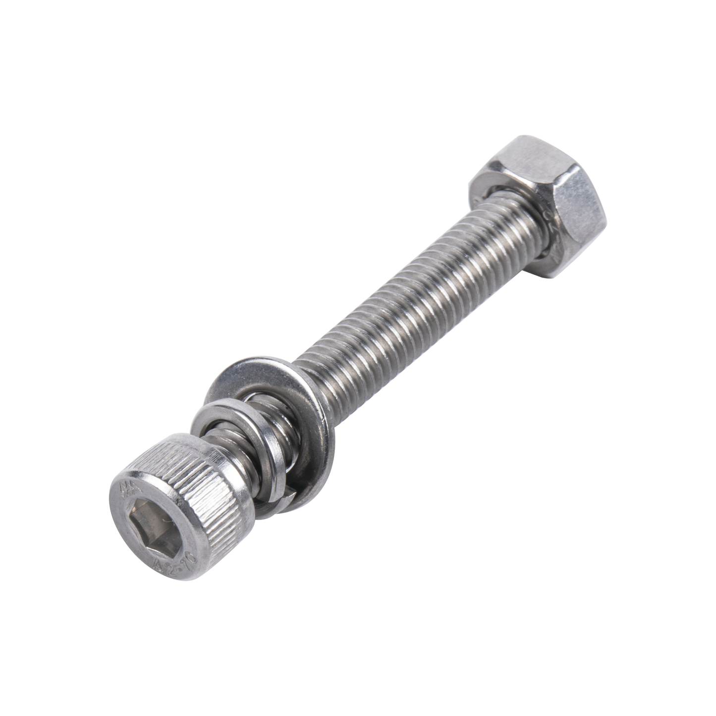 1 Tornillo Allen Milimétrico de Acero Inoxidable M8-1.25 x 20 / Con 1 Tuerca, 1 Arandela de Presión y 1 Plana / Para Montajes de Módulos Foto Voltaicos.