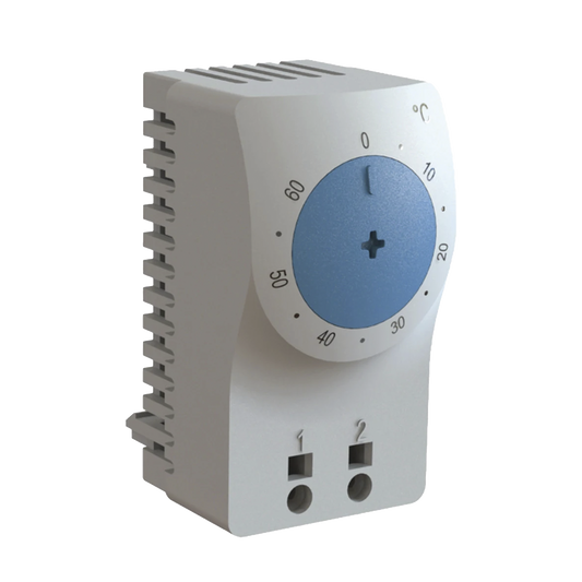 Termostato/Interruptor Para Control de Temperatura en Grados Fahrenheit, Para Uso con Ventiladores, Con Terminales de Conexión, y Clip para Riel Din de 35 mm, Color Gris Claro