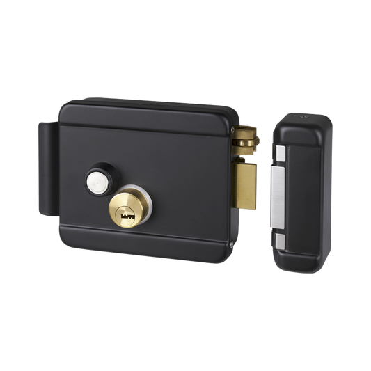 Cerradura Eléctrica con Botón de Salida / Incluye Llave / Exterior / Derecha / Color Negro