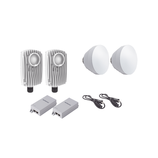 Kit de 2 radios C6X con 2 antenas de (16 dBi), rango de frecuencia extendida (5.1 a 6.4 GHz), incluye inyector POE, cable de alimentación y 2 FLEXIMOUNT-XL para alineación, distancia de hasta 3 km