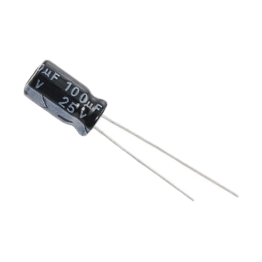 Capacitor Electrolítico de Aluminio, Radial de 100 µFd, 25 Vcc, 105 °C, 6.3 x 11 mm.