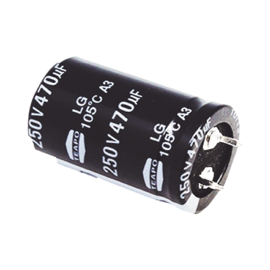 Capacitor Electrolítico de Aluminio, Radial de 470 µFd, 250 Vcc, 105 °C, 25 x 40 mm.
