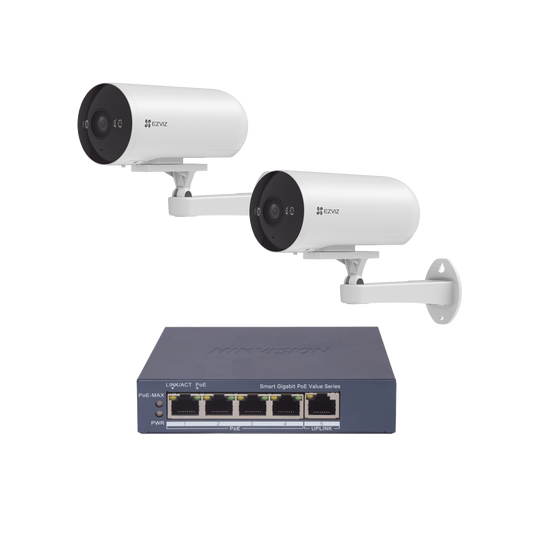 Kit de cámaras PoE Para Uso en Exterior / PoE Estandar Af / 2 piezas CS-H5/3MP/ 1 Pieza de Switch DS-3E1505P-EI/M / Vision Nocturna a Color / IP67 / Audio Bidireccional / Luz y Sirena / 4 Puertos 1000 Mbps PoE+ / 1 Puerto 1000 Mbps Uplink