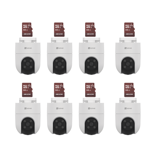 Kit de Camaras WiFi, Incluye 8 Piezas CS-H8C y 8 Piezas HS-TF-E1/32G / Audio de Dos Vías / Detección de Movimiento / Luz Blanca / Sirena / Uso en Exterior con Protección