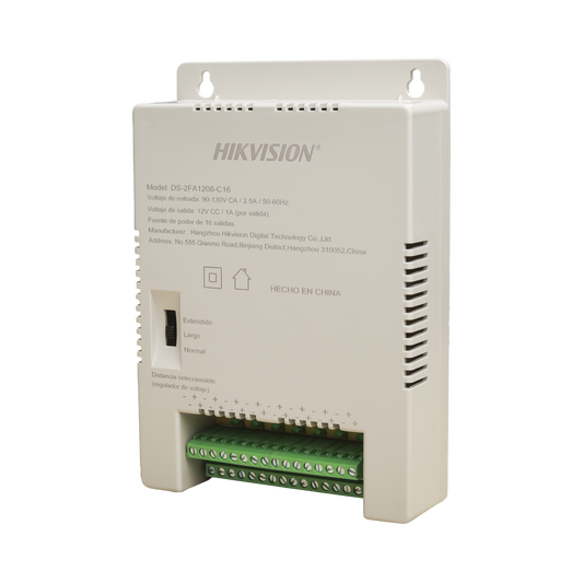 Fuente de Poder Regulada 12 Vcc / 13.5 Vcc / 15 Vcc para 16 Cámaras / 16 Amp (1 Amp por Salida) / Voltaje de Entrada 90 - 130 VCA / Soporta 4K / Modo para Largas Distancias