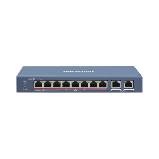 Switch PoE+ / No Administrable / 7 Puertos 10/100 Mbps 802.3 af/at (30 W) / 1 Puerto 10/100 Mbps Hi-PoE (90 W) / 2 Puertos 1000 Mbps Uplink / Modo Extendido hasta 300 Metros / 110 Watts