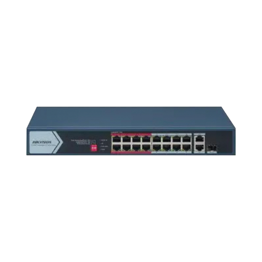 Switch PoE+ / No Administrable / 16 Puertos 10/100 Mbps PoE+ / 2 Puertos 1000 Mbps Uplink / 1 Puerto SFP Uplink / Modo Extendido hasta 300 Metros / 130 W