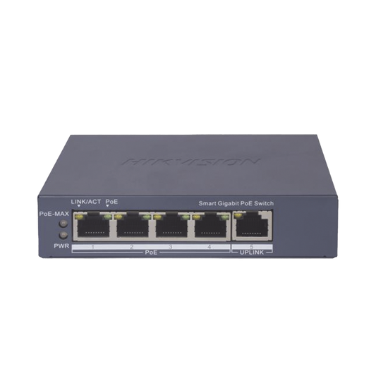 Switch Gigabit PoE+ / Administrable / 4 Puertos 1000 Mbps PoE+ / 1 Puerto 1000 Mbps Uplink / Configuración Nube Hik-PartnerPro / Modo Extendido hasta 300 Metros / 60 Watts
