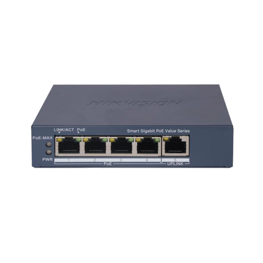 Switch Gigabit PoE+ / Monitoreable / 4 Puertos 1000 Mbps PoE+ / 1 Puerto 1000 Mbps Uplink / Configuración Nube Hik-PartnerPro / Modo Extendido hasta 300 Metros / 45 Watts