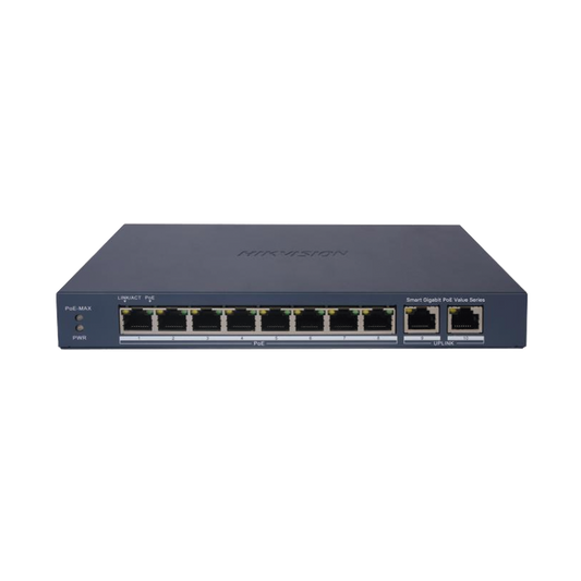 Switch Gigabit PoE+ / Administrable / 8 Puertos 1000 Mbps PoE+ / 2 Puertos 1000 Mbps de Uplink / Configuración Nube Hik-PartnerPro / Modo Extendido hasta 300 Metros / 60 W