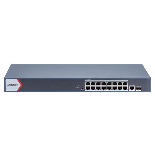 Switch Gigabit PoE+ / Administrable / 16 Puertos 1000 Mbps PoE+ / 1 Puerto 1000 Mbps de Uplink / 1 Puerto SFP / Configuración Nube desde Hik-Partner Pro / Modo Extendido hasta 300 Metros / 230 Watts
