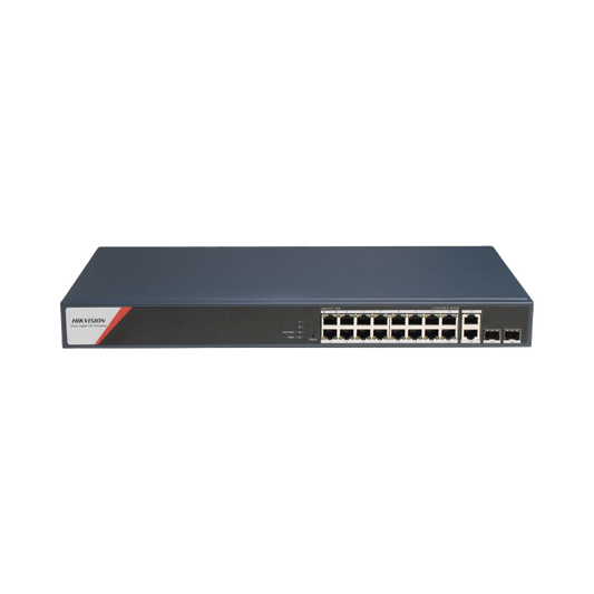 Switch Gigabit PoE+ / Administrable / 16 Puertos 1000 Mbps PoE+ (4 Puertos PoE++ 90 W) / 2 Puertos 1000 Mbps de Uplink / 2 Puertos SFP / Configuración Nube Hik-PartnerPro / Modo Extendido hasta 300 Metros / 230 W
