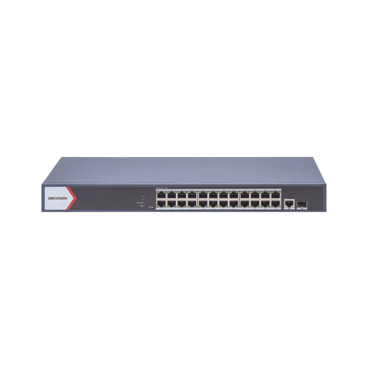 Switch Gigabit PoE+ / Administrable / 24 Puertos 1000 Mbps PoE+ / 1 Puerto 1000 Mbps Uplink / 1 Puertos SFP Uplink / Configuración Nube Hik-Partner Pro / Modo Extendido hasta 300 Metros / 230 W