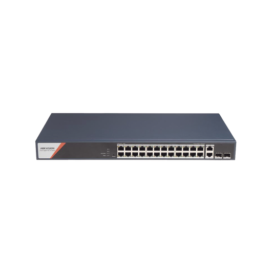 Switch Gigabit PoE+ / Administrable / 24 Puertos 1000 Mbps PoE+ (4 Puertos PoE++ 90 W) / 2 Puertos 1000 Mbps de Uplink / 2 Puertos SFP / Configuración Nube Hik-PartnerPro / Modo Extendido hasta 300 Metros / 370 W