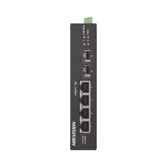 Switch Industrial No Administrable Gigabit / 3 Puertos Gigabit PoE+ (30 W) + 1 Puerto Gigabit PoE++ (60 W) / 2 Puertos SFP / 65 W Total / 48 a 57 VCD / Ideal para Proyectos / 300 Metros de Distancia