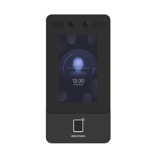 Terminal Min Moe PoE & WiFi de Reconocimiento Facial y Huella con Lector MIFARE / Exterior IP65 / Hasta 1.5 mts en Lectura de Rostro / Soporta P2P / 1,500 Rostros / 3,000 Huellas / Salida 12 Vcd para Chapa / PoE / SIP Estandar / HIK-IA