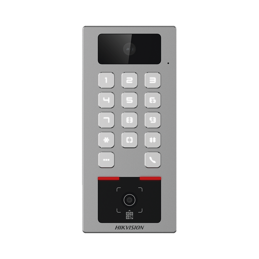 Teclado con Lector Físico de QRs para Exterior Antivandálico IP65 & IK09 con función de Videoportero Multiapartamento / Tarjeta, Código QR, PIN o App HikConnect / Cámara 2 MP compatible con NVRs / Soporta b