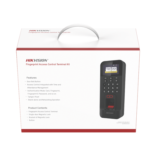 Kit de Control de Acceso TODO INCLUIDO con Lector de Huellas y Tarjetas / 3,000 Huellas / Compatible con App Hik-Connect / Incluye Electroimán Botón de Salida y Montajes Z y L para imán (DS-K1T804)