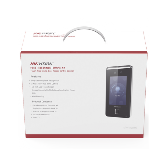 Kit de Control de Acceso TODO INCLUIDO con Lector de Rostros, QRs , Tarjetas y Huellas / 3,000 Rostros / Compatible con App Hik-Connect / Videoportero / Incluye Electroimán Botón de Salida y Montajes Z y L para imán / HIK-IA