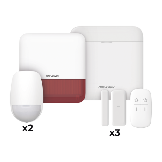 (AX PRO) KIT de Alarma AX PRO / Incluye: 1 Hub con batería de respaldo / 2 Sensores PIR / 3 Contactos Magnéticos mini / 1 Control Remoto / 1 Sirena Inalambrica Exterior color rojo / WiFi / Compatible con Hik-Connect P2P