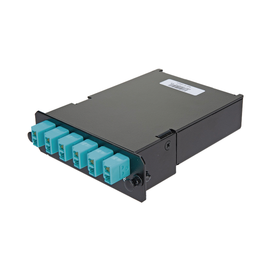 Placa Acopladora de Fibra Óptica FAP, Con 12 Pigtails y 6 Conectores LC Duplex (12 Fibras), Para Fibra Multimodo OM3/OM4, Color Aqua