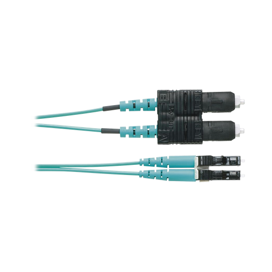 Jumper de Fibra Optica Multimodo 50/125 OM3, LC-SC Duplex, OFNR (Riser), Color Aqua, 1 Metro
