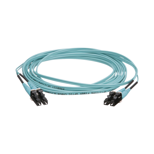 Jumper de Fibra Óptica Multimodo 50/125 OM4, LC-LC Duplex, OFNR (Riser), Color Aqua, 15 Metros