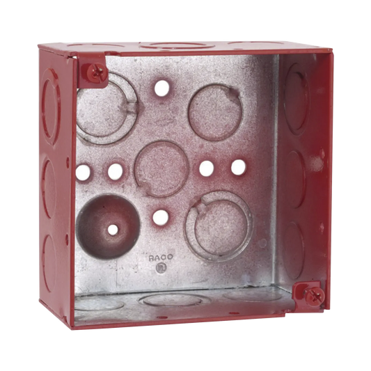 Caja Cuadrada Galvanizada de 4" /Profundidad de 2 1/8" / Cuenta con 11 KO de 1/2" y 6 TKO (1/2" - 3/4")/ Color Rojo.