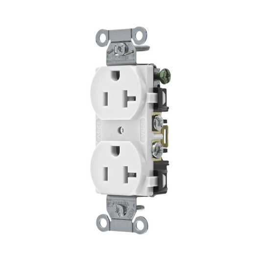 Contacto Dúplex 20 A, 125 V, 2 Polos, 3 Hilos, Cableado Posterior y Lateral, Color Blanco (Nema 5-20R).