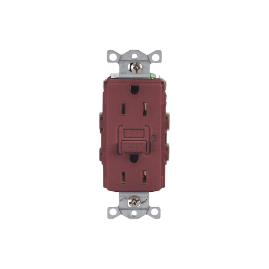 Contacto de Auto-verificación GFCI con Interruptor de Falla a Tierra de 15 A 125 V 2 Polos/ Color Rojo / Nema 5-15R / Grado Industrial Comercial.