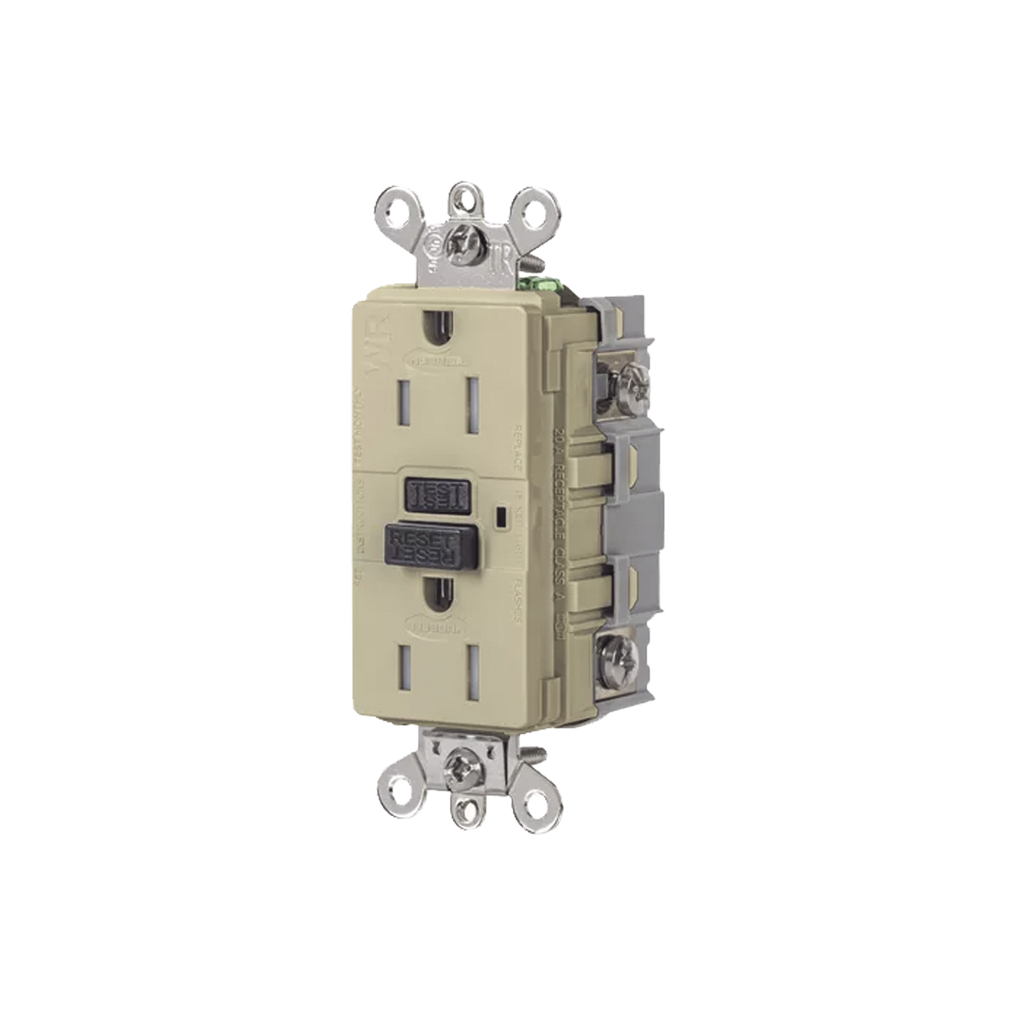 Contacto de Auto-verificación GFCI de 15 A 125 V 2 Polos/ Resistente a Manipulaciones y Intemperie / Color Marfil / Nema 5-15R / Grado Industrial.