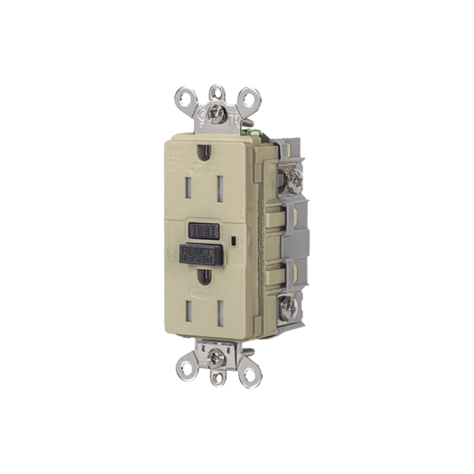 Contacto de Auto-verificación GFCI de 15 A 125 V 2 Polos/ Resistente a Manipulaciones y Intemperie / Color Marfil / Nema 5-15R / Grado Industrial.