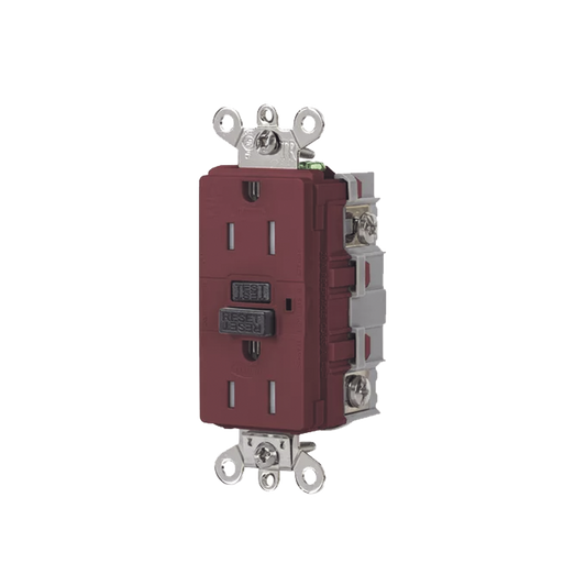 Contacto de Auto-verificación GFCI de 15 A 125 V 2 Polos/ Resistente a Manipulaciones y Intemperie / Color Rojo / Nema 5-15R / Grado Industrial.