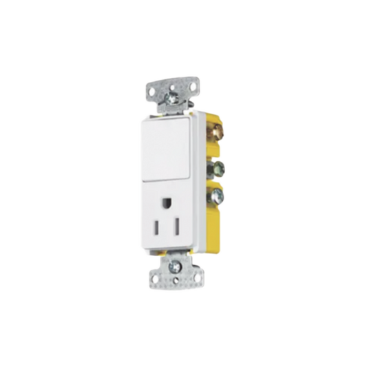 Combinación de Contacto y Apagador Decorador 15A 125V/ Color Blanco.