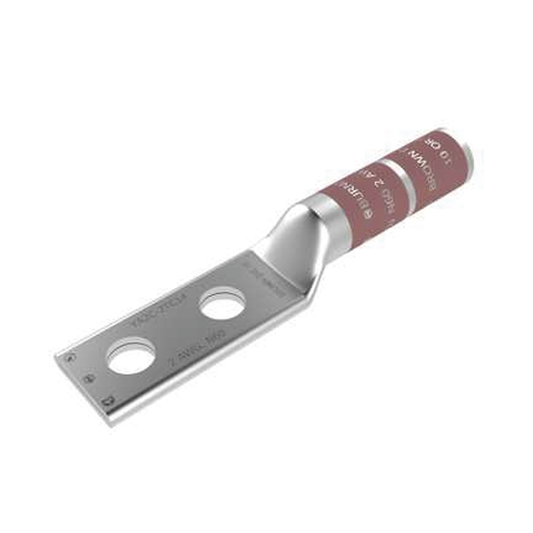 Zapata Terminal de Compresión de Barril Largo con Doble Ojillo para Tornillo 1/4" y Cable 2 AWG / Espaciado de 5/8".