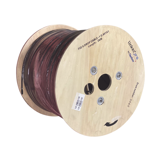 Carrete de 2 km de Fibra Óptica Aérea Mini Figura 8 G.657A1 tipo Drop, Monomodo de 1 Hilo (unifibra), Color Negro, Span 80