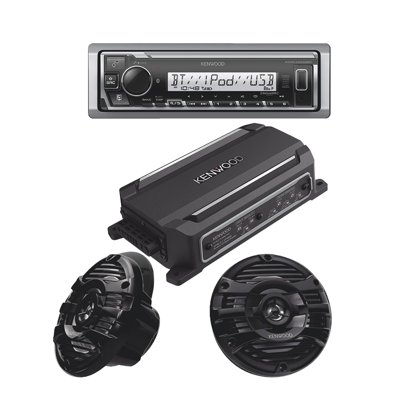 Kit de estéreo con Bluetooth KMR-M332BT | Amplificador KAC-M5014 | más Par de bocinas KFC-1653MRB