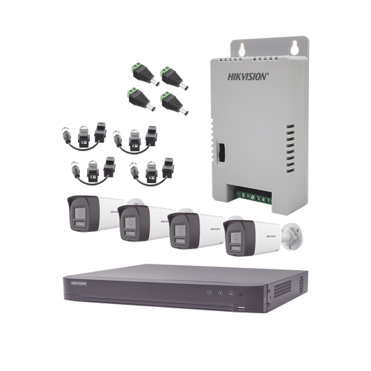 Kit Audio Bidireccional TurboHD 4K-3K / DVR 4 Canales 4K / 4 Cámaras Bala (Exterior) con Bocina y Microfóno Integrado 3K / 1 Fuentes de Poder / Accesorios