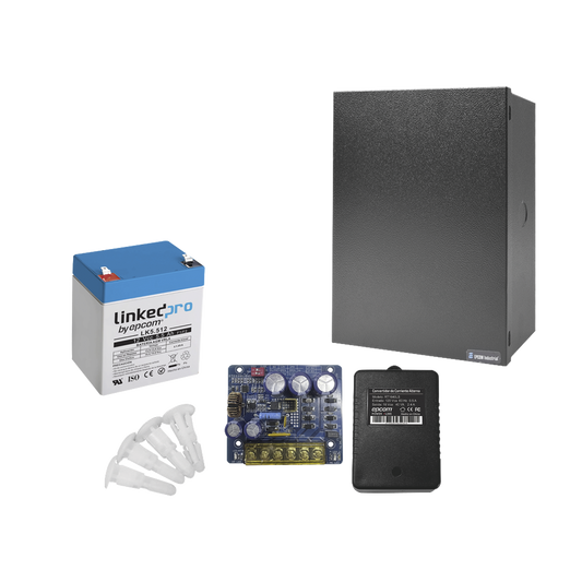 Kit con fuente PLB3 con salida de 12 Vcc a 4 Amper, incluye transformador y batería de 12 V a 5.5 Amper