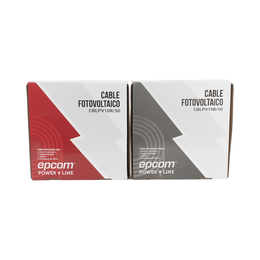 Kit de 2 rollos de 50 metros de cable fotovoltaico de cobre, rojo y negro, calibre 10 AWG (6mm²), Tipo PV, 1000/2000 V y 120°C.