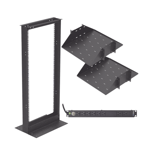 Kit de Rack Estándar 19", 24 UR con 2 Charolas y PDU (8 tomas). Ideal para UPS y Servidores tipo Torre.