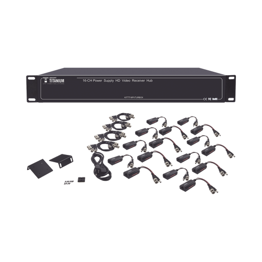 Kit de TRANSCEPTOR ACTIVO DE 16 Canales / VIDEO+PODER en un solo Cable UTP / 150m en 4K, 200m en 5 MP/ Envía 36 Vcc y recibe 12 Vcc / TODO INCLUIDO PARA RACK / Compatible con cámaras HD-TVI/CVI/AHD/CVBS / Instalación Limpia