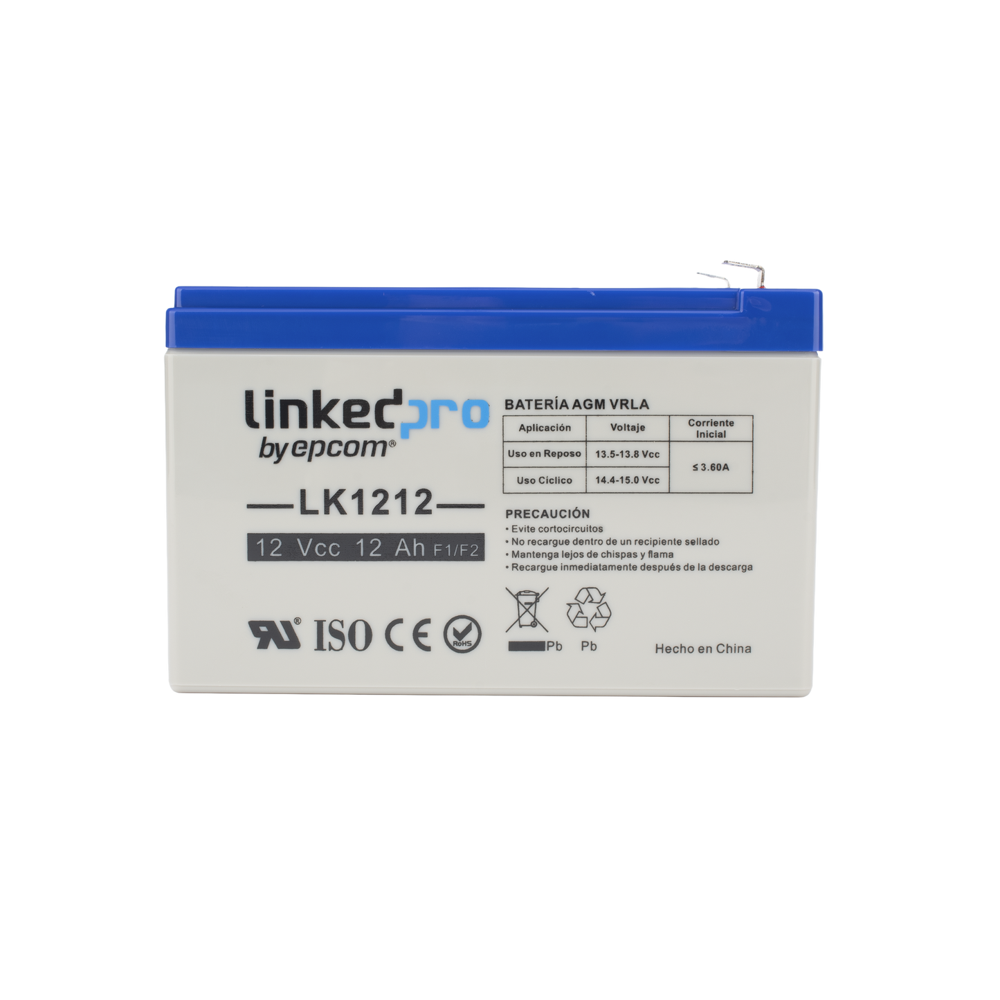 Batería 12 V / 12 Ah / UL / Tecnología AGM / Vida útil promedio de 5 años / Uso en equipo electrónico / Intrusión / Incendio/ Control de acceso / Video Vigilancia / Terminales F1 ( Incluye adaptador F2 )