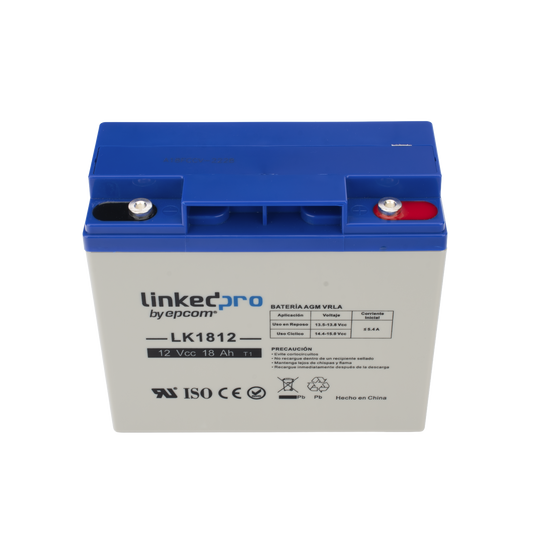 Batería 12 V / 18 Ah / UL / Tecnología AGM / Vida útil promedio de 5 años / Para uso en equipo electrónico, Alarmas de Intrusión / Incendio/ Control de acceso / Video Vigilancia / Terminales T1